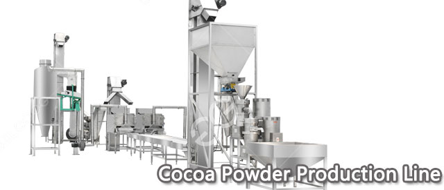 This cocoa powder production line consists of cocoa roaster, cocoa bean peeling machine, cocoa liquor grinder, cocoa oil press, oil cake crushing machine.